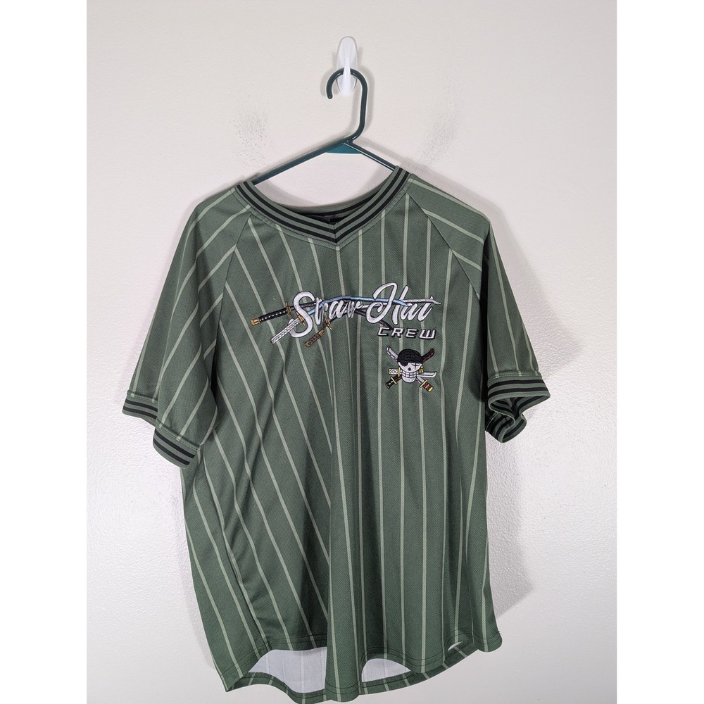 One Piece Zoro Men's XL BoxLunch Exclusive Green Pinstripe Baseball Jersey